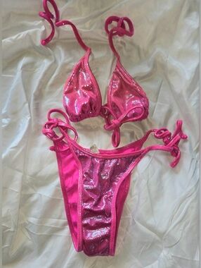 Swim Suit Comp Hot Pink With Turquoise Blue Shimmer Dots Tie-Side Bikini Set Med